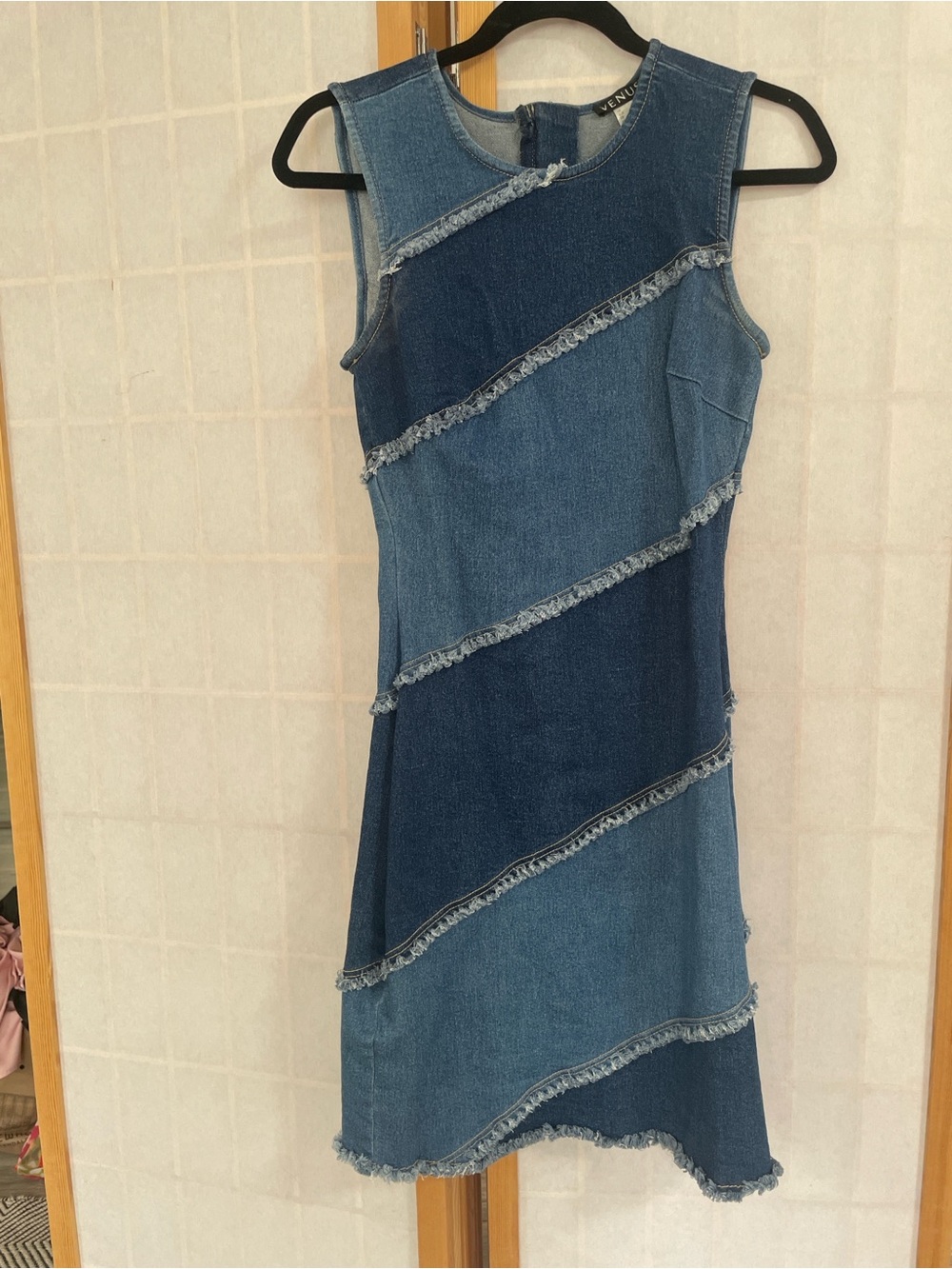 VENUS Two-Tone Patchwork Denim Midi Dress - Blue